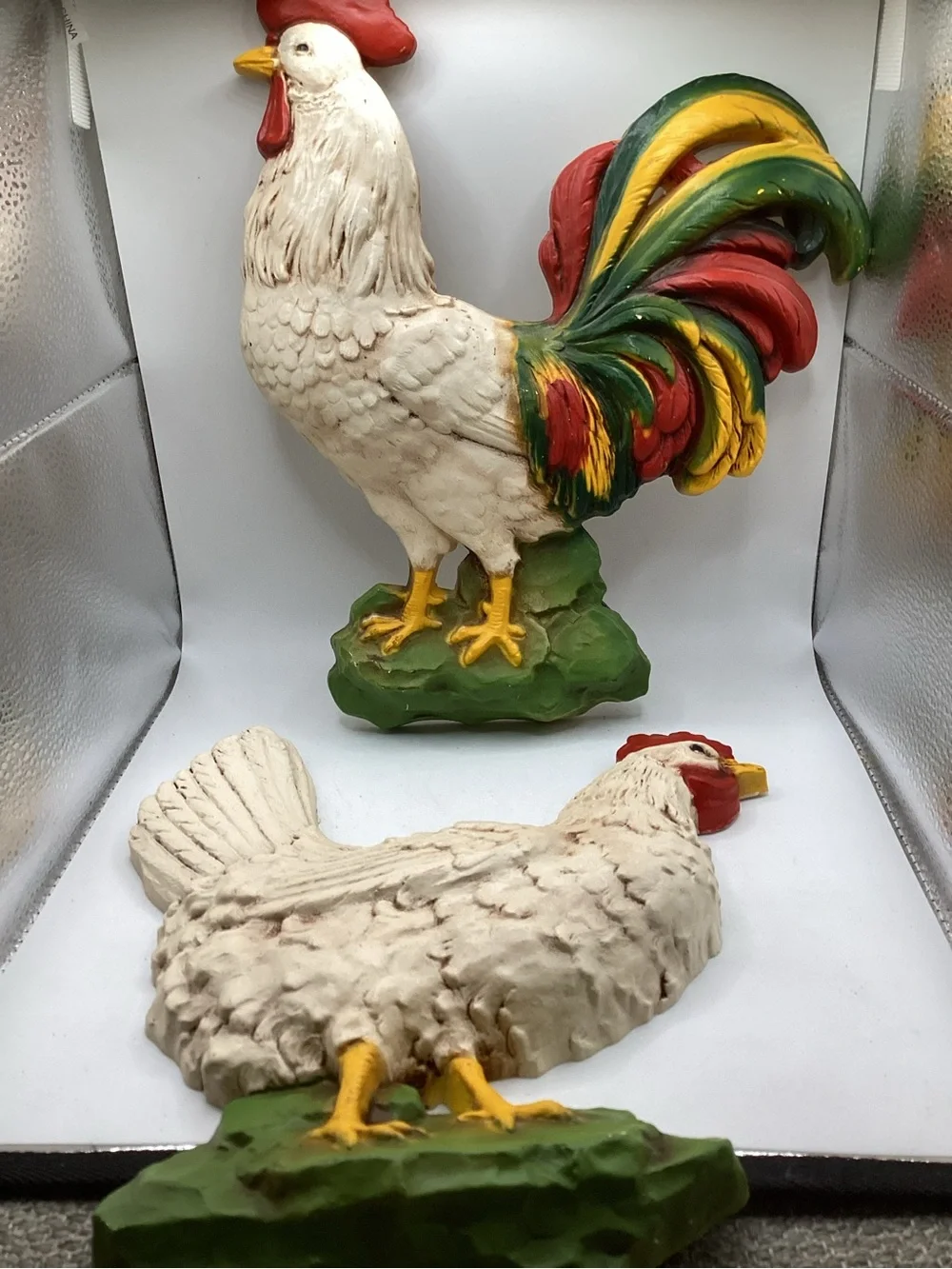 vintage 1970s Homco rooster and hen wall plaques resin